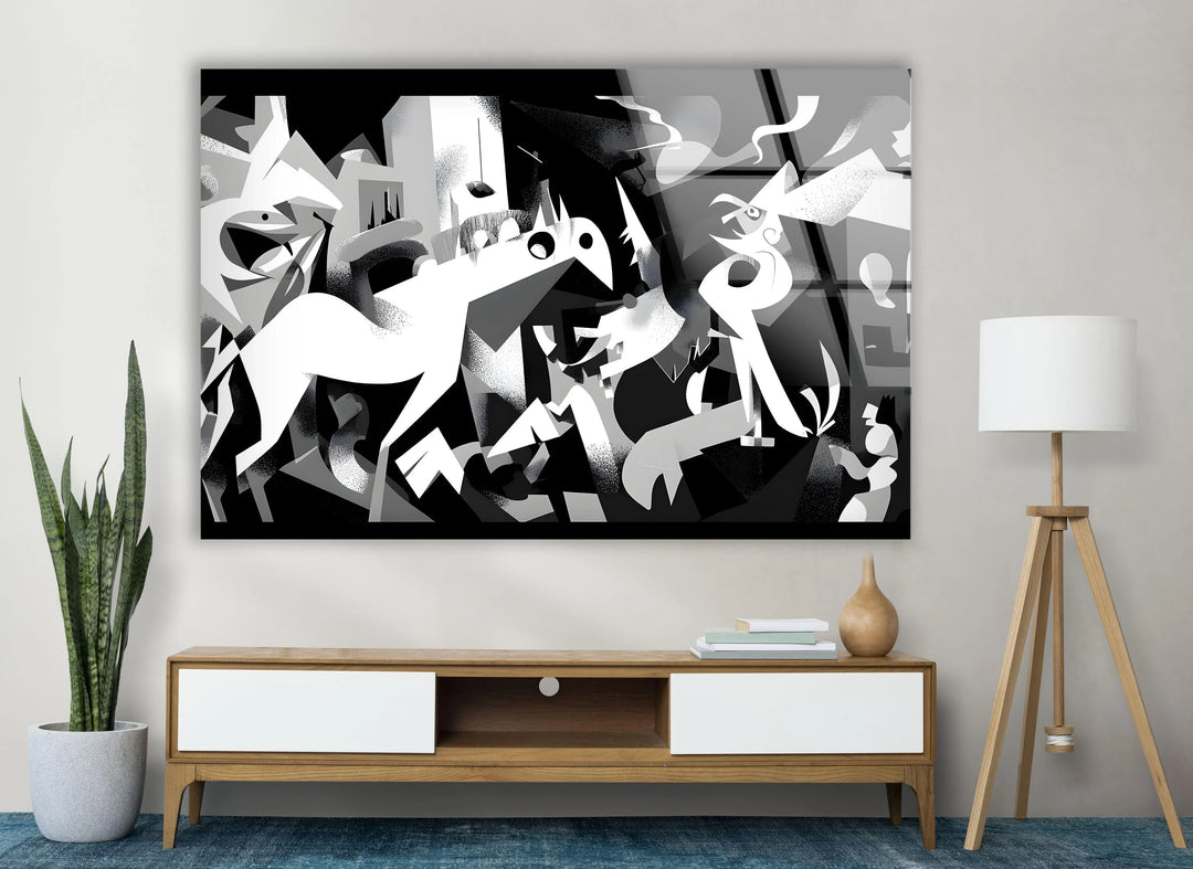 Modern abstract horse-themed glass print with bold contrasts and geometric distortion.