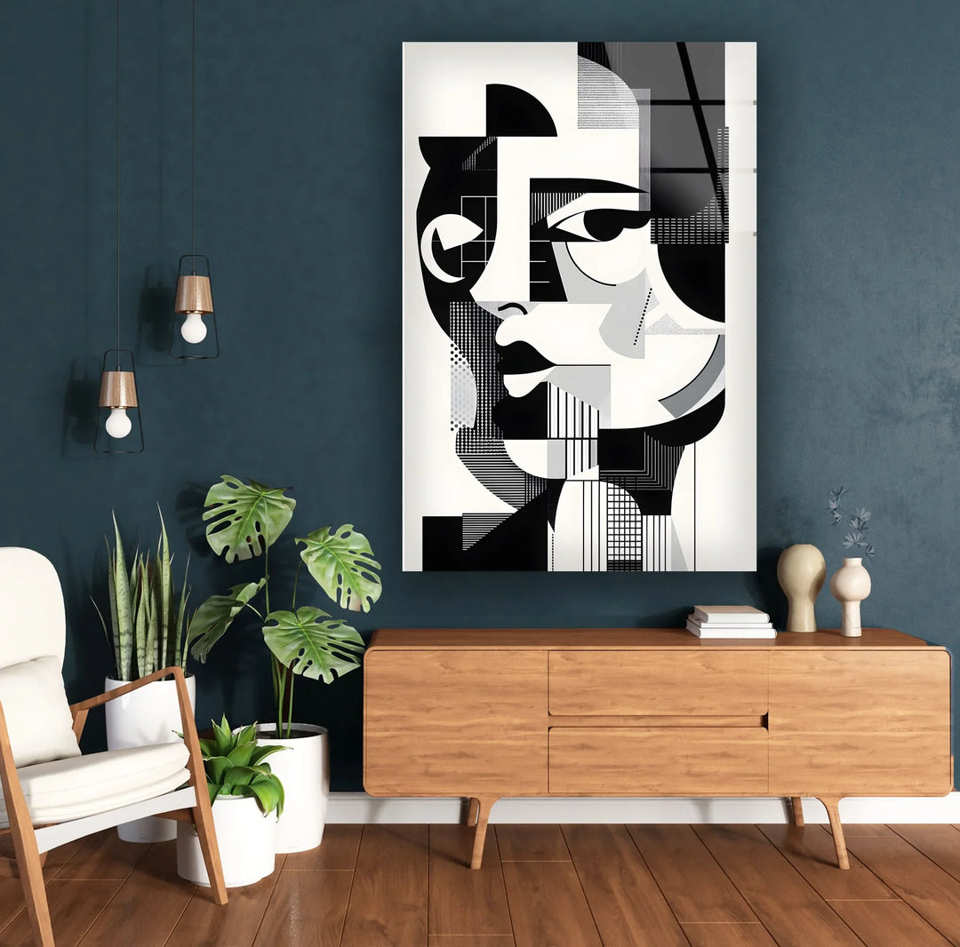 Artistic monochrome portrait on tempered glass featuring strong lines and cubist-inspired facial elements.