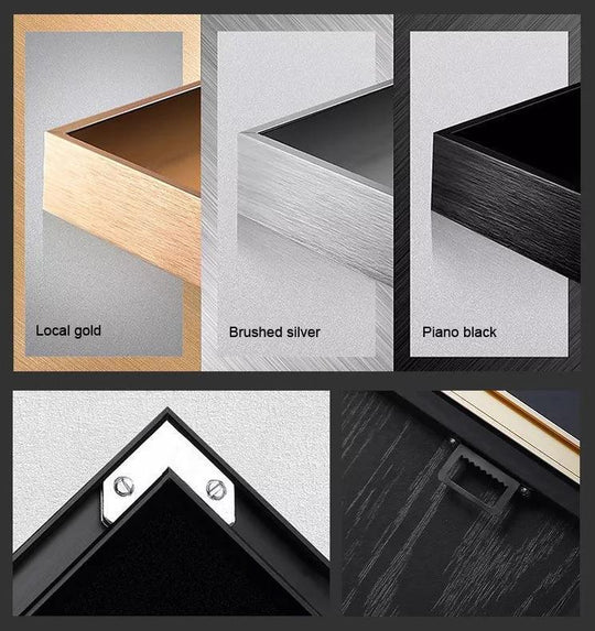 Demonstrating the layering effect through three different frame finishes achieved with expert glass printing, each adding depth to your selected wall art piece.