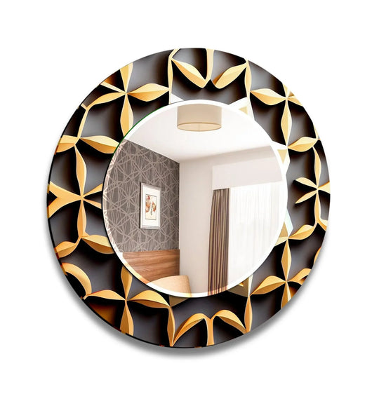 Black and Gold Abstract Wall Mirror a round luxury modern glass design with black and gold geometric patterns on a white wall