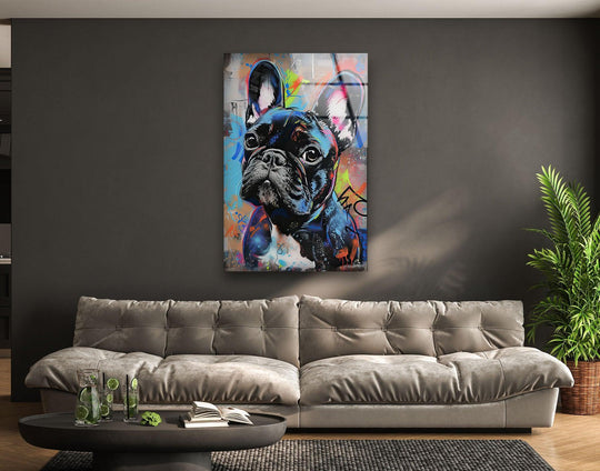 French bulldog graffiti glass wall art, a striking piece of best glass art, showcases intricate details in its vibrant urban design.