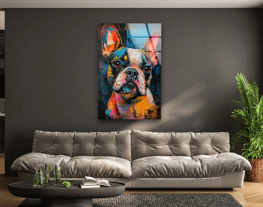 Vertical art from glass featuring a colorful, abstract French bulldog portrait.