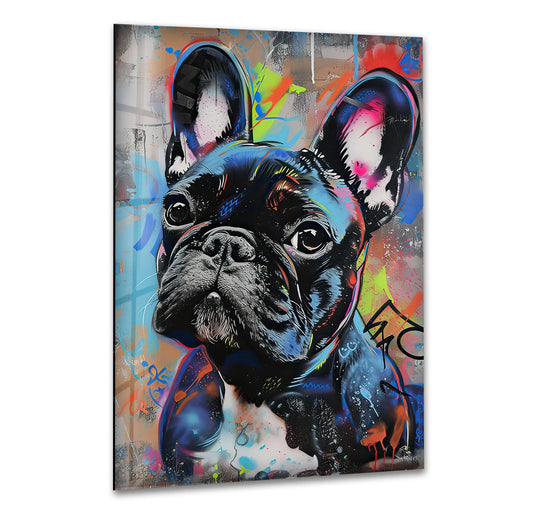 French bulldog's vibrant graffiti style pops as the loudest element in this bold home decor glass wall art.
