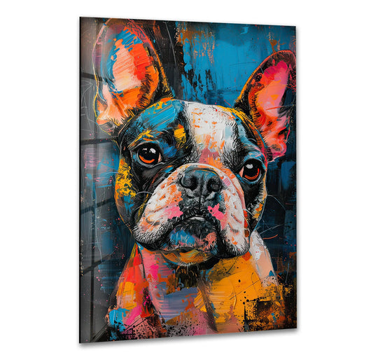 A French bulldog rendered in abstract, vivid strokes of glass art painting creates dynamic visual rhythm against a deep blue background.