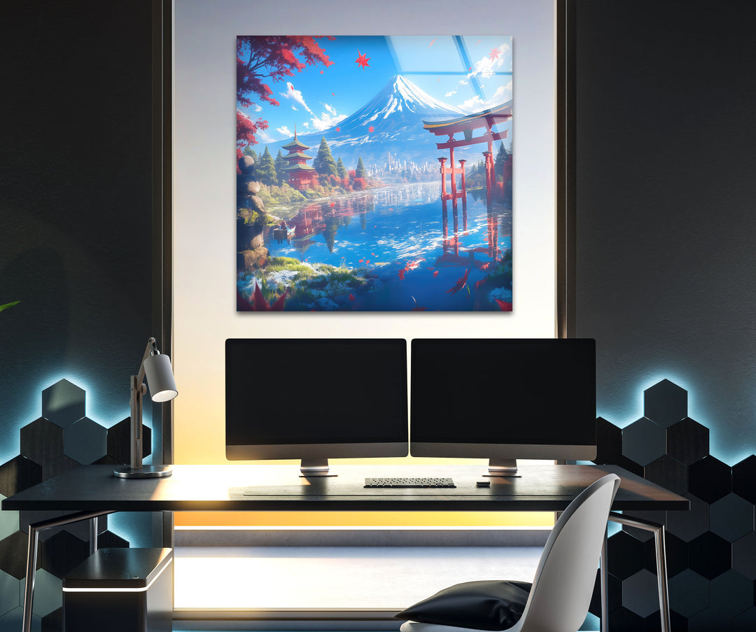 Fuji in Japan With The Pagoda Glass Wall Art custom glass pictures, glass art prints
