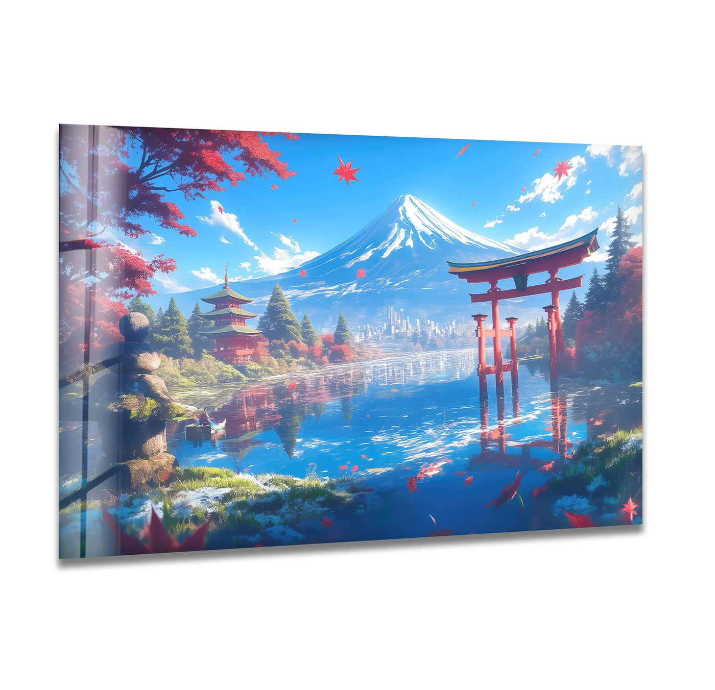 Visual rhythm flows in this Fuji in Japan With The Pagoda hanging wall art through the repeating shapes of the torii gate, pagoda, and mountain.