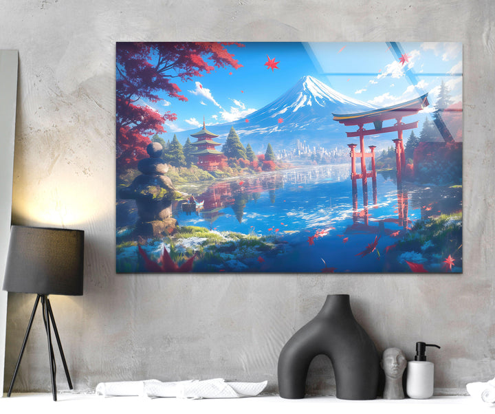 Fuji in Japan With The Pagoda Glass Wall Art custom glass photo prints, large glass prints
