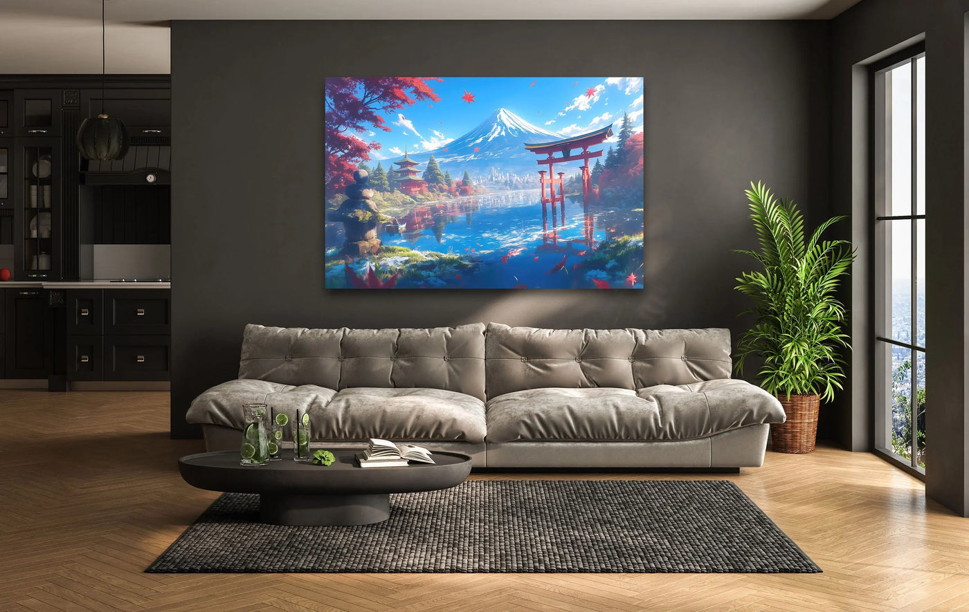 Featuring a high-gloss finish, the Fuji in Japan with the Pagoda glass wall art decor brings a luminous quality to the scenic landscape.