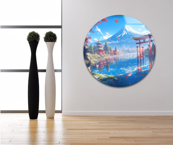 Fuji in Japan With The Pagoda Glass Wall Art print picture on glass, Tempered Glass Wall Art
