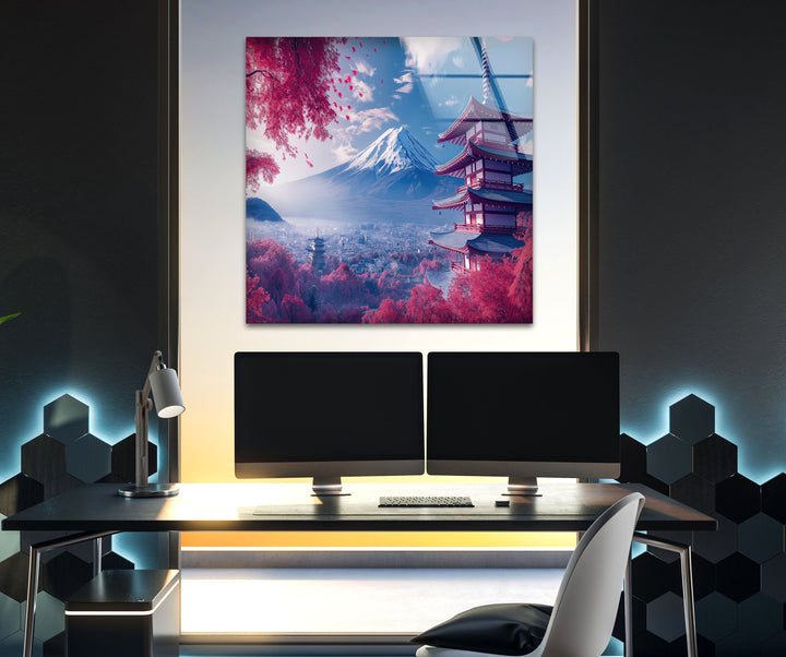 Fuji in Japan With The Pagoda Pink Glass Wall Art art glass wall art, glass wall art pictures
