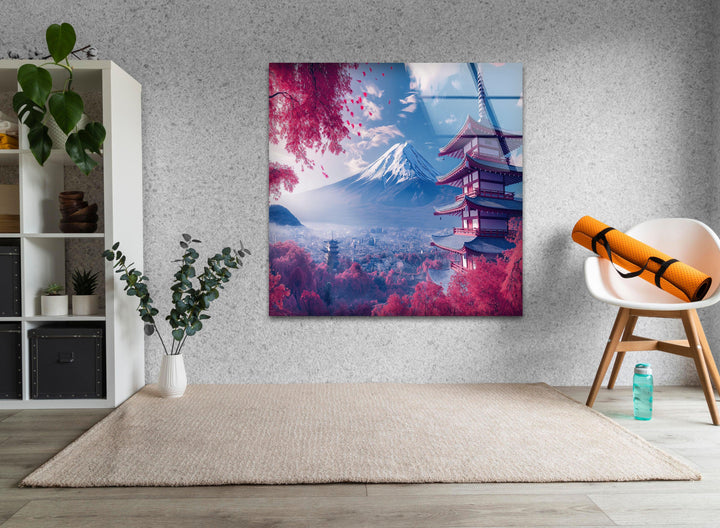Fuji in Japan With The Pagoda Pink Glass Wall Art glass art painting, glass art for the Wall

