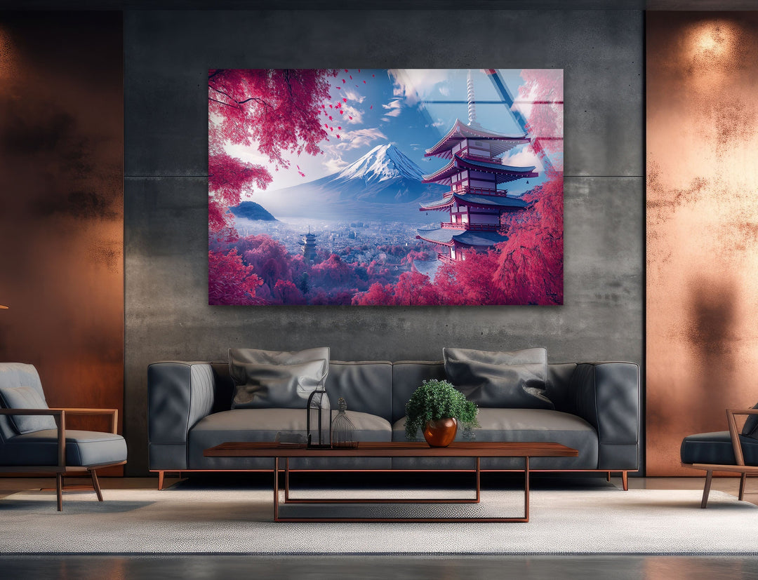 Fuji in Japan With The Pagoda Pink Glass Wall Art glass photo prints, glass picture prints
