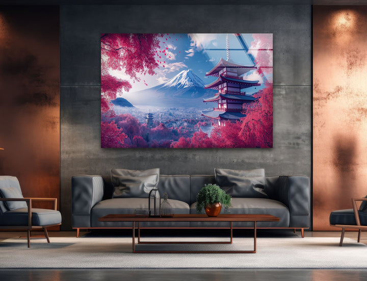 Fuji in Japan With The Pagoda Pink Glass Wall Art glass photo prints, glass picture prints
