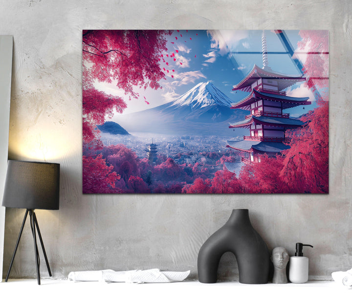 Fuji in Japan With The Pagoda Pink Glass Wall Art glass image printing, glass prints from photos

