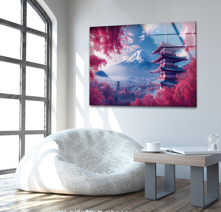 Fuji in Japan With The Pagoda Pink Glass Wall Art custom glass pictures, glass art prints
