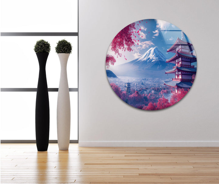 Fuji in Japan With The Pagoda Pink Glass Wall Art photo print on glass, prints on glass wall art
