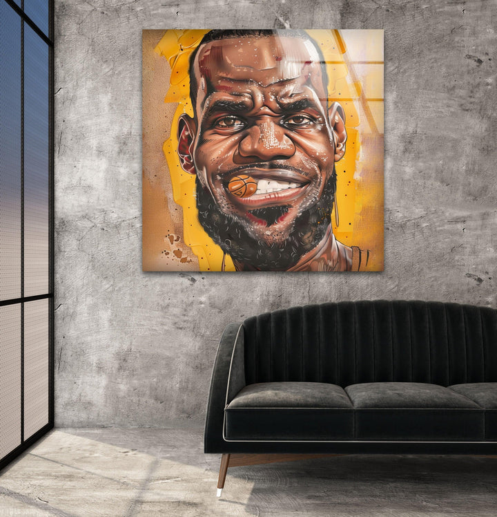 Lebron James Stunning Glass Picture Prints | Comic-inspired basketball portrait with vivid colors and strong character expression on glass.