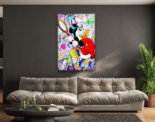 Reflective finish on this 'Chasing Fortune' glass wall artwork enhances the vibrant pop graffiti art with a sleek, modern appeal as a stunning glass wall artwork.