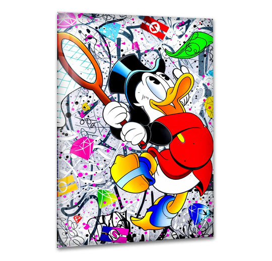Showcasing the abstract quality, this 'Chasing Fortune' glass wall art is a vibrant explosion of graffiti-style home decor, blending pop art with luxury symbols.