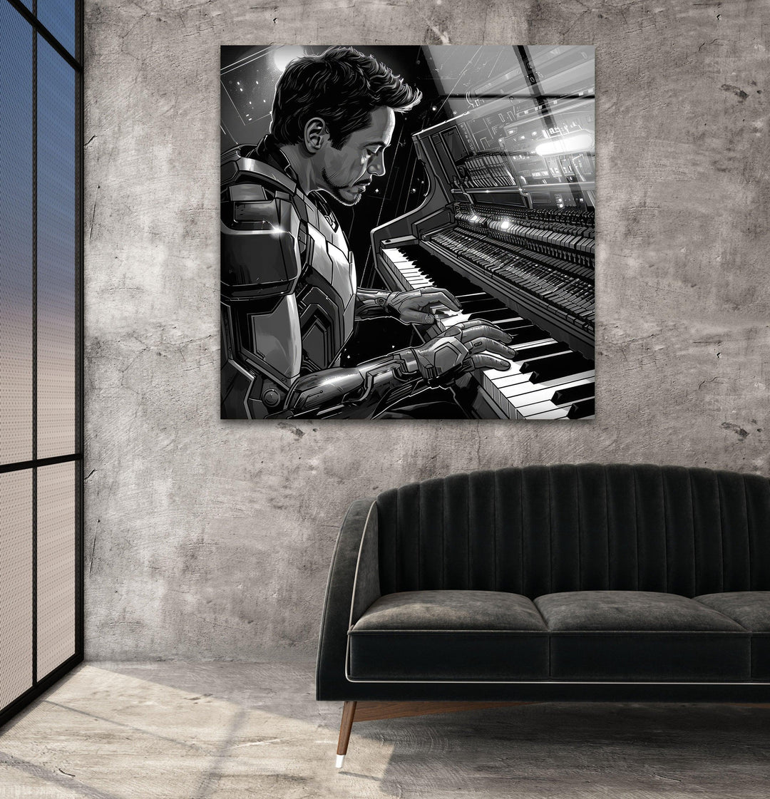 Lacking vibrant hues, the grayscale Pianist Iron Man glass wall art offers nuanced tonal depth perfect for modern home decor.