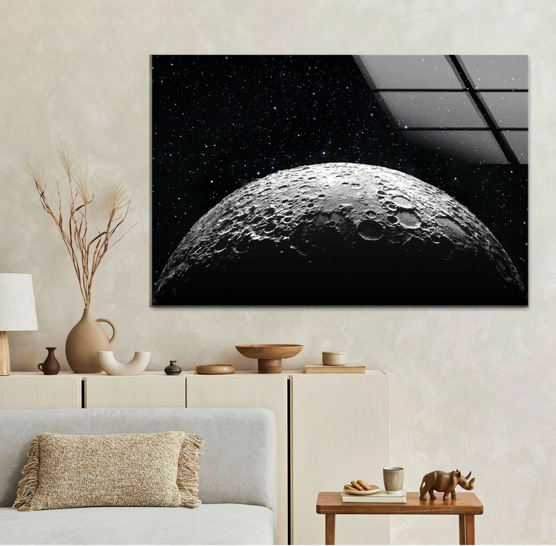 Cosmic-themed black and white lunar surface paired with distant stars on glossy glass décor.