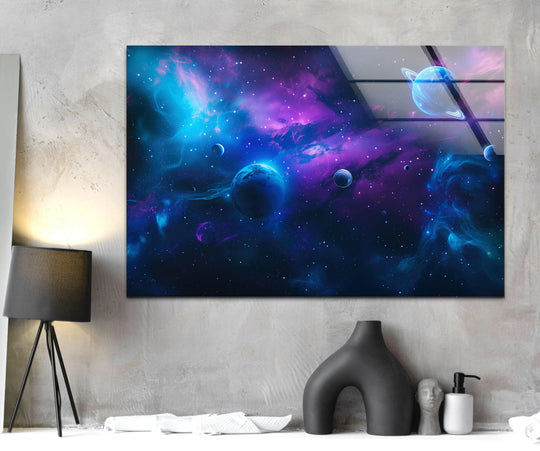 Space Wall Art featuring a galaxy motif blue and purple glass wall art offering unique prints on glass and stunning wall photos for a modern touch