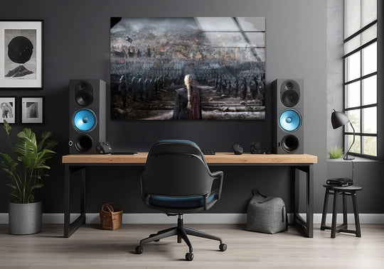 Cool tones accentuate the subdued color temperature in this epic fantasy glass wall art from glass, depicting a queen confronting her massive army in a dramatic scene.