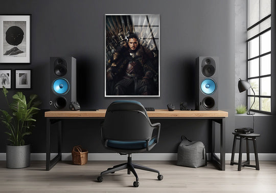 Focal point highlights the warrior king on sword throne decorative wall art, a vibrant glass print enhancing the room's modern and dramatic design.