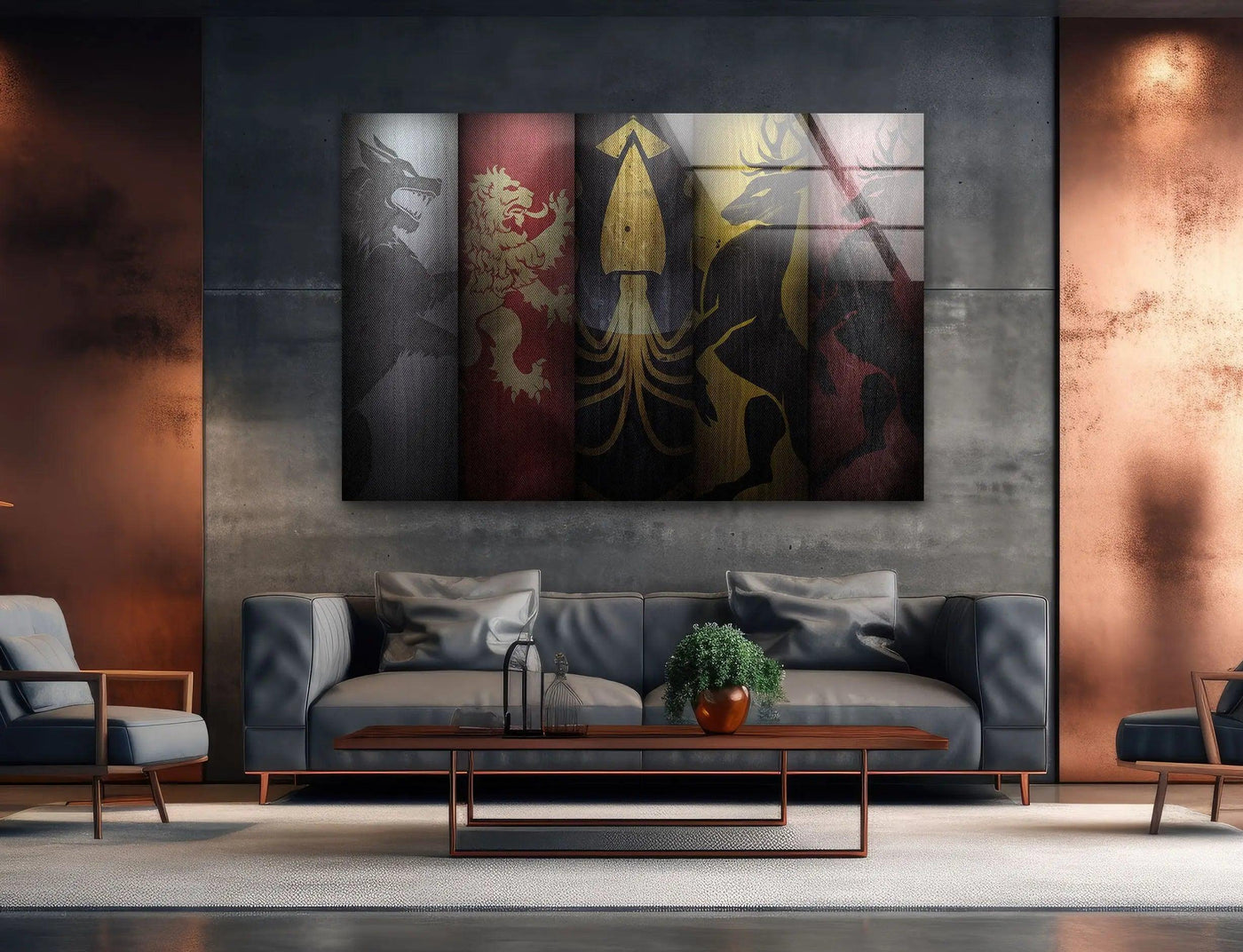 Dominated by muted tones, this medieval emblem banners glass wall art features lion, stag, and kraken emblems, creating a sophisticated statement with tempered glass wall art.