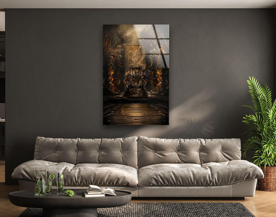 Illuminating the throne's tempered glass texture, stark contrasts define the dramatic flaming royal throne fantasy hall wall prints, with shadows accentuating its depth.