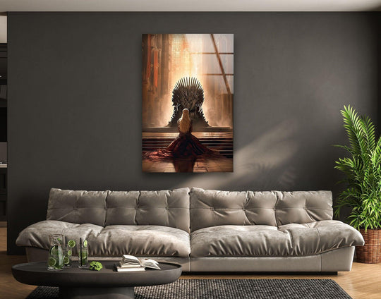 Sleek edge-to-edge printing and a frameless border highlight the depth and clarity of this royal woman before sword throne glass wall art, creating a piece of unique modern wall decor.