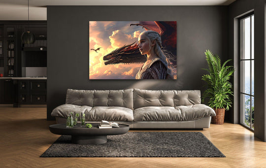 Geometric lines and triangular cloud formations accentuate the dragon rider sunset profile depicted in this glass wall artwork, creating a balanced composition.