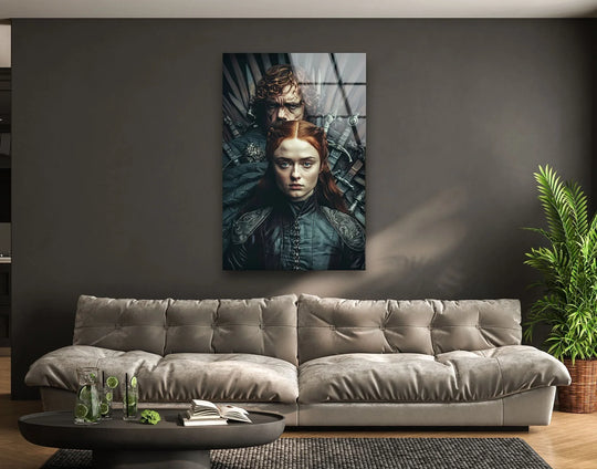 Highlighting the abstract quality, this medieval warrior duo portrait in glass wall art decor presents a cinematic and dramatically unique vision of historical figures.
