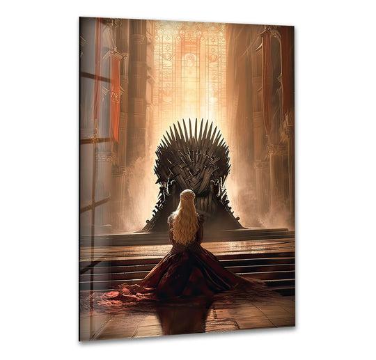 Geometric composition showcasing art from glass in 'Royal Woman Before Sword Throne' wall art, with sharp lines of throne and patterned windows.