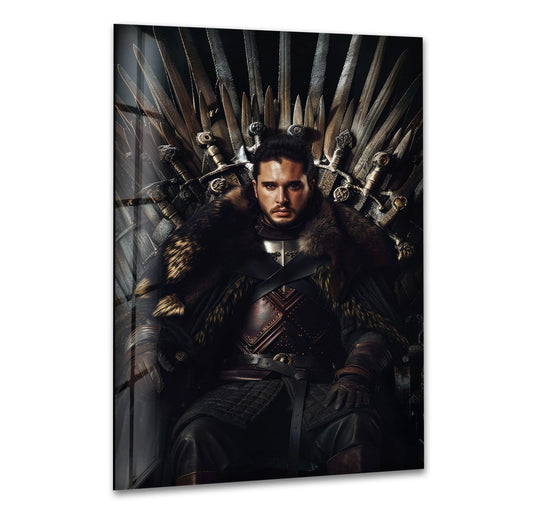 High-resolution decorative wall art reveals the tempered glass construction of this warrior king on sword throne glass wall art, a bold and visually striking piece.