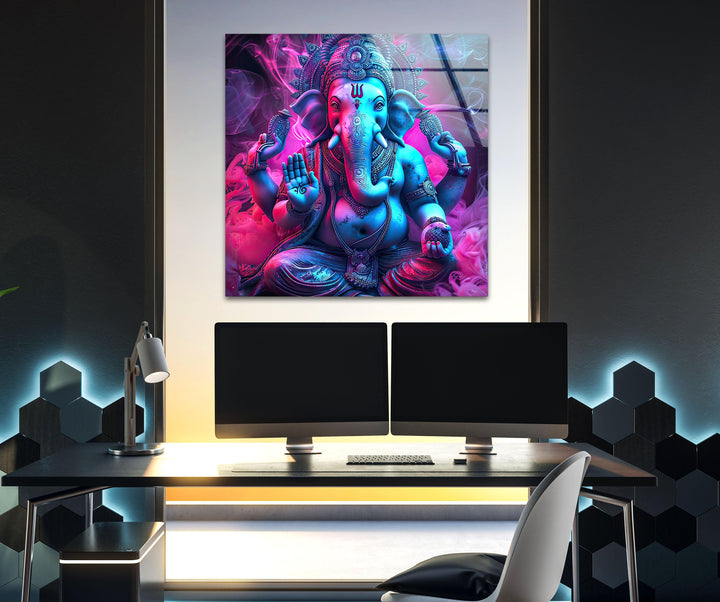Neon Ganesha Glass Wall Art glass image printing, glass prints from photos
