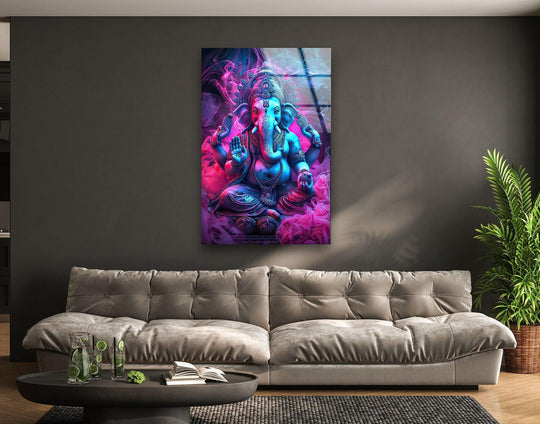 Neon Ganesha Religion glass wall art vibrant and colorful spiritual art and 8K UV printed religious artwork for enduring beauty and positivity