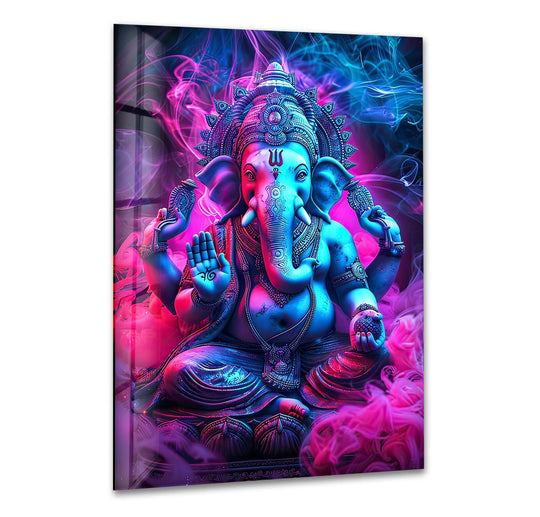 Religion glass wall art neon Ganesha motif and vibrant colors with glass decor and religious artwork plus 8K UV printing