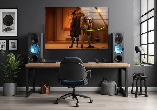 Shifting lines bring forth the energy of dual cyber samurai warriors poised for action in this striking glass wall artwork, their neon blades reflecting a dynamic, futuristic edge.