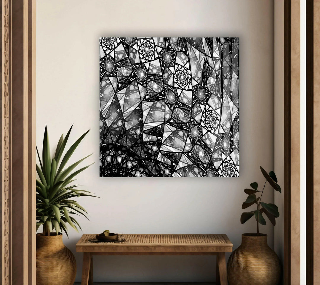 Black and white abstract fractal composition with detailed geometric symmetry on glass.