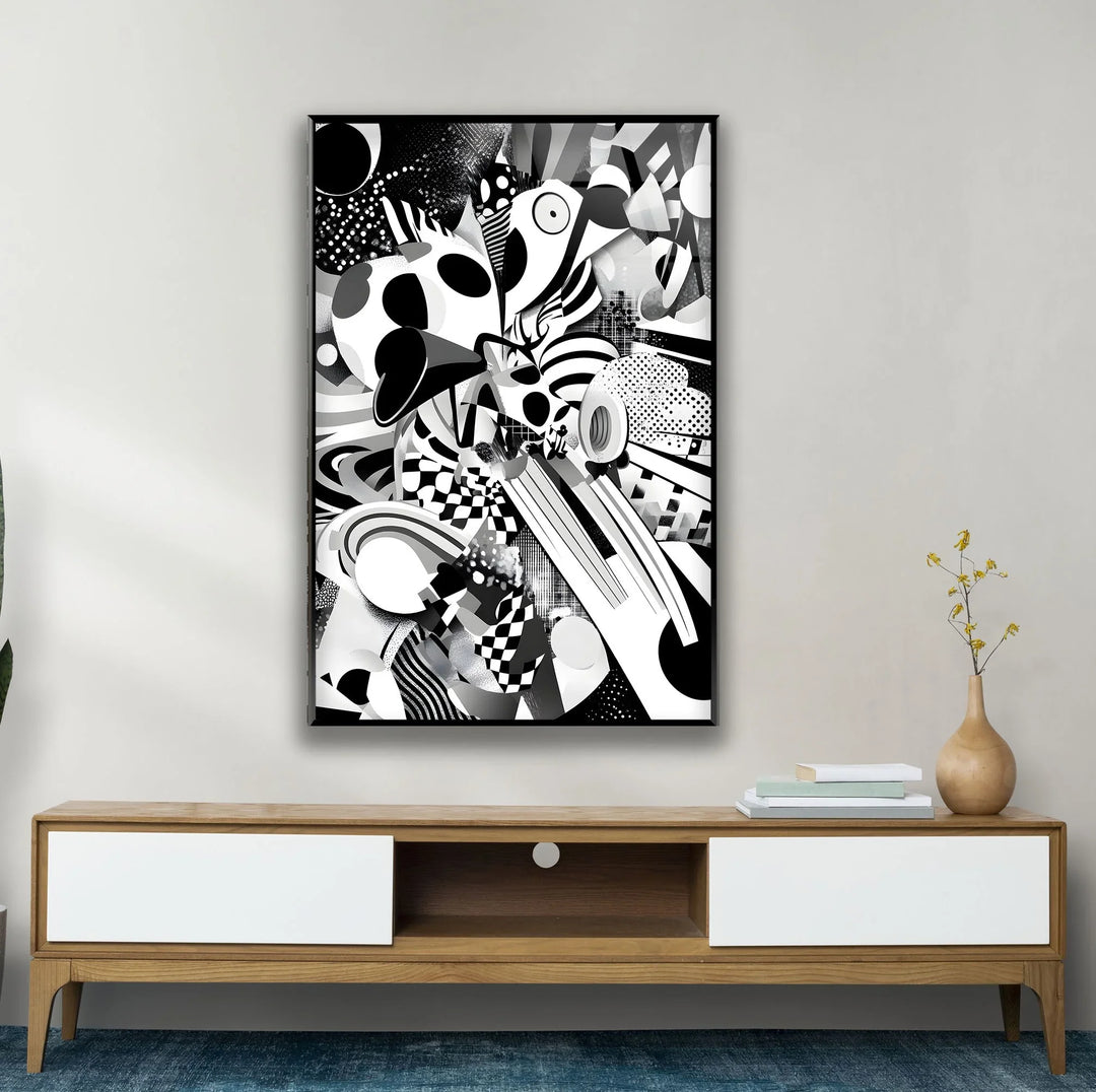 Dynamic monochrome geometric artwork on glass combining curves, lines, and patterned textures.