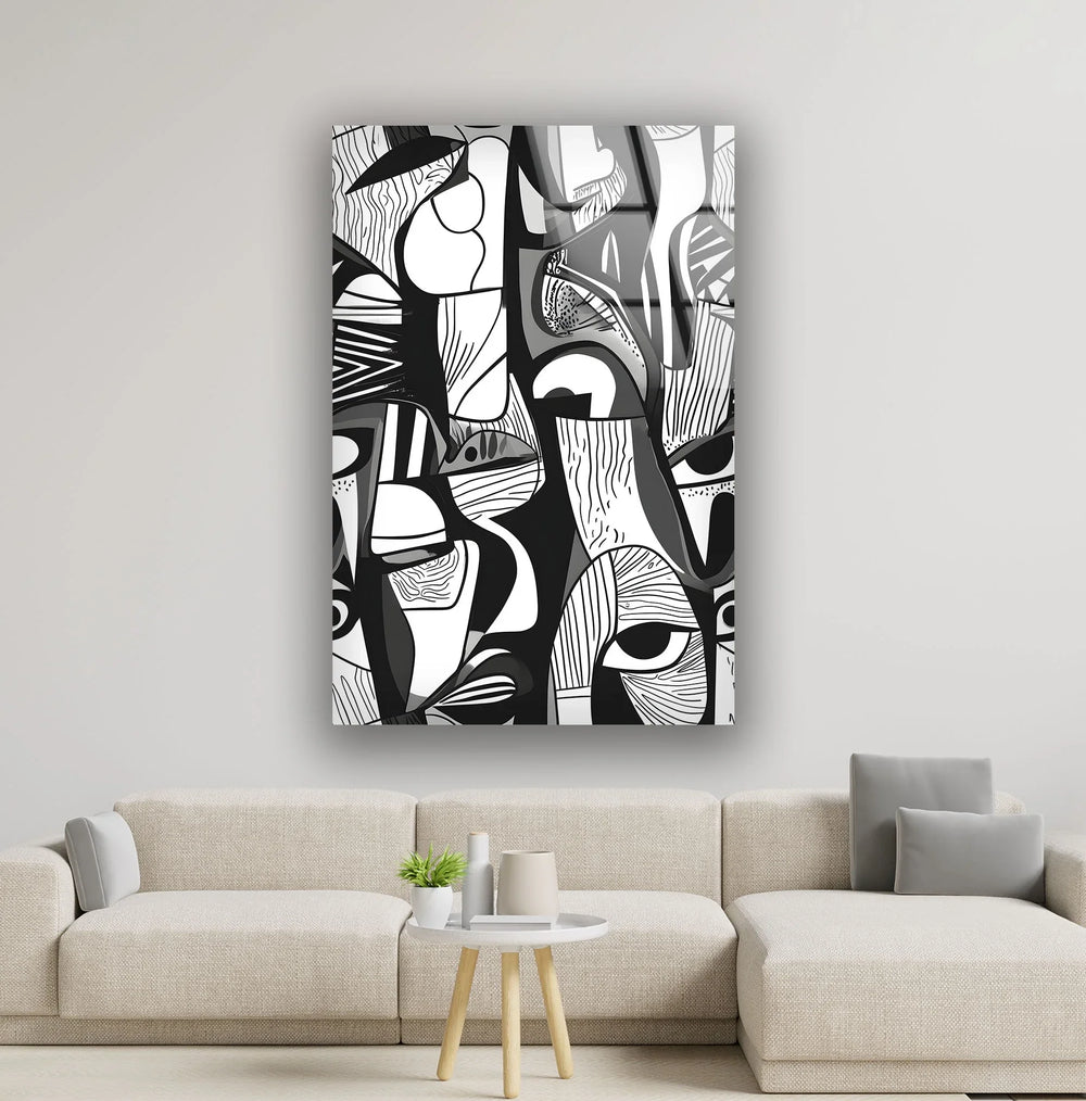 Grayscale abstract art print on glass combining intricate lines, shapes, and hidden facial details.