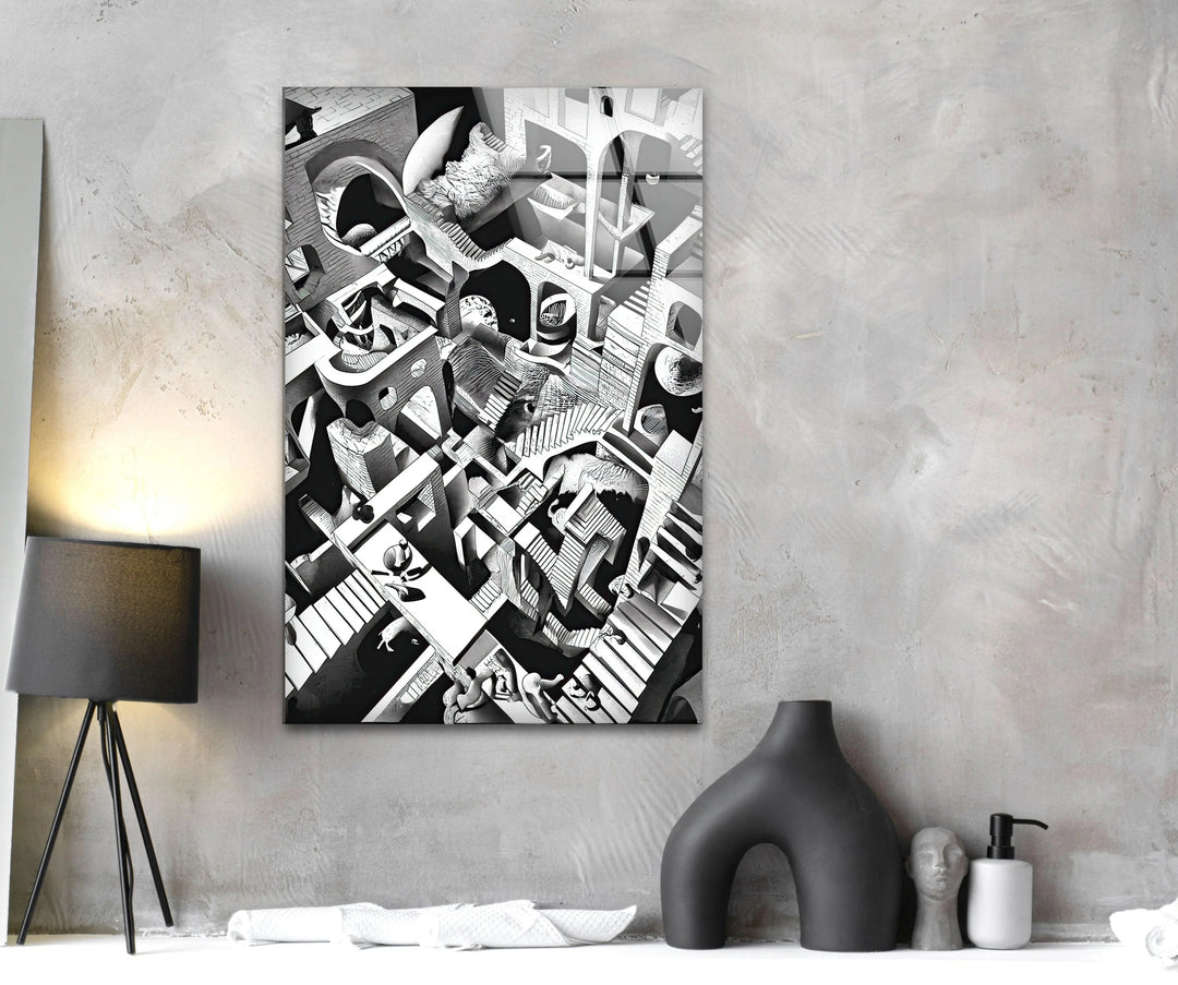 Complex Escher-like maze artwork featuring multi-dimensional pathways.