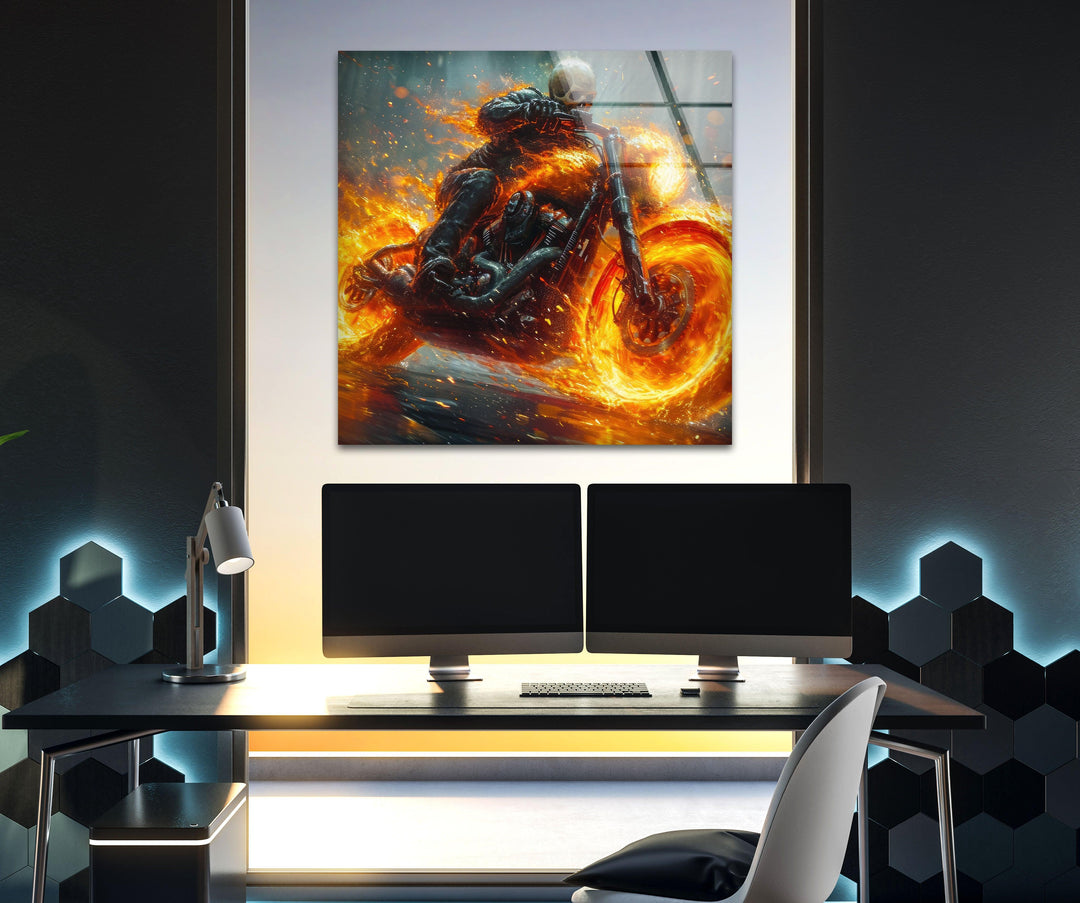 Ghost Rider Riding a Fire Motor Glass Photos for Wall Decor