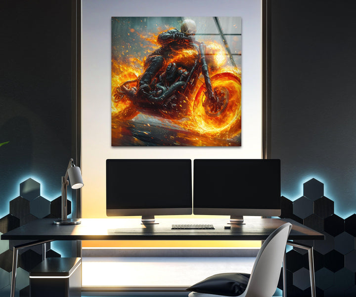 Ghost Rider Riding a Fire Motor Glass Photos for Wall Decor
