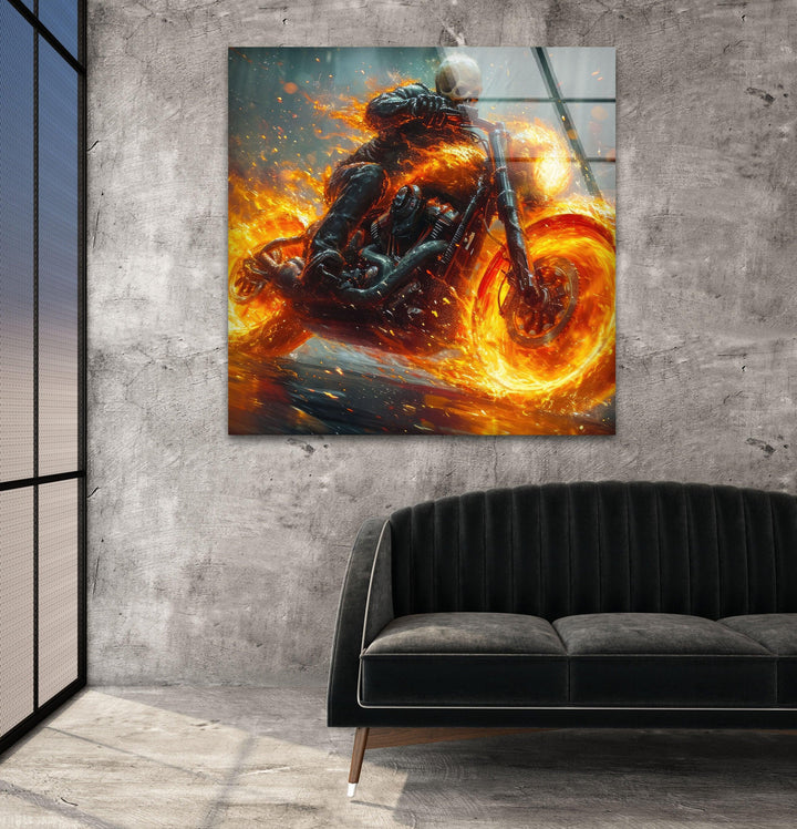 Ghost Rider Riding a Fire Motor Print Photographs on Glass