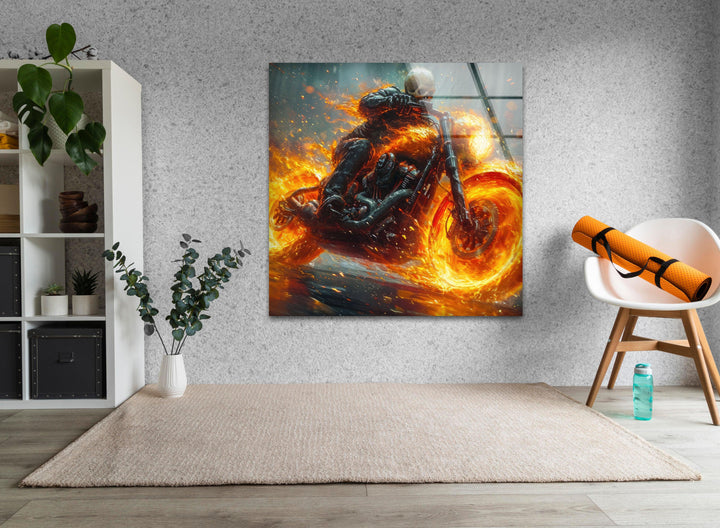 Ghost Rider Riding a Fire Motor Glass Art Painting Collections