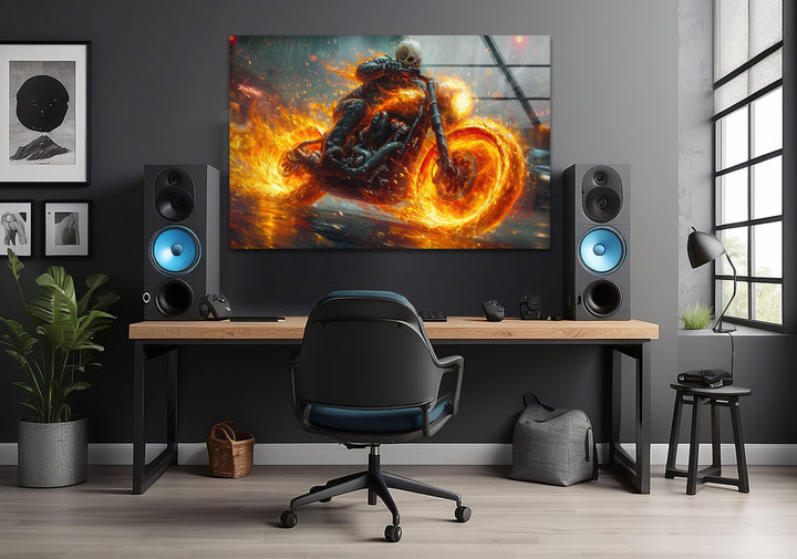 Ghost Rider Riding a Fire Motor Glass Art
