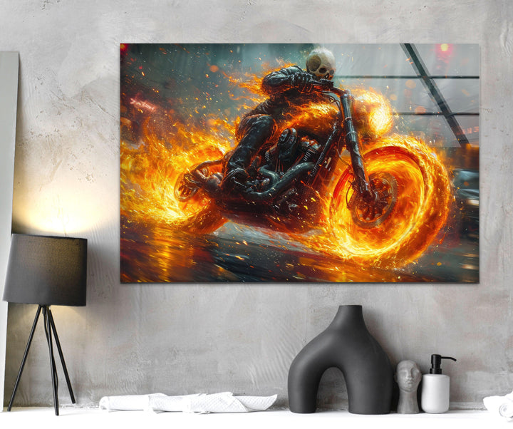 Ghost Rider Riding a Fire Motor Tempered Glass Wall Art Designs