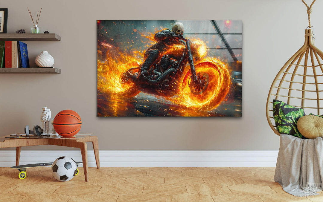 Ghost Rider Riding a Fire Motor Glass Print Wall Art Pieces